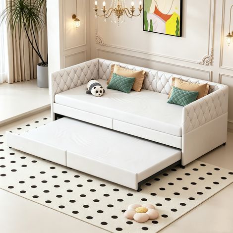Lit gigogne 90x200cm en velours, Canapé-lit extensible, Sommier à lattes, Lit capitonné pour Petit Espace Salon Chambre,beige