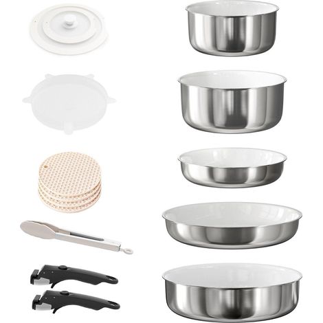 Set de casseroles et poêles en acier inoxydable avec poignées amovibles, antiadhésif, empilable, compatible four et induction (1/5)