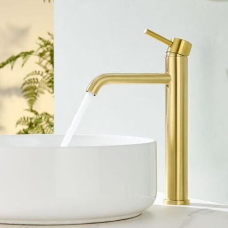 Robinet Salle de Bain, Mitigeur Lavabo Haut pour Vasque, Robinet Vasque à Poser, Mitigeur Lave Main Acier Inox, Chaud et Froid Réglable, Or Brossé, Hauteur du Bec 194 mm