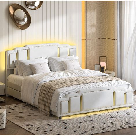 Lit double capitonné 160x200 cm en velours beige, 4 tiroirs, LED 7 couleurs, tête et pied de lit avec finitions inox (1/5)