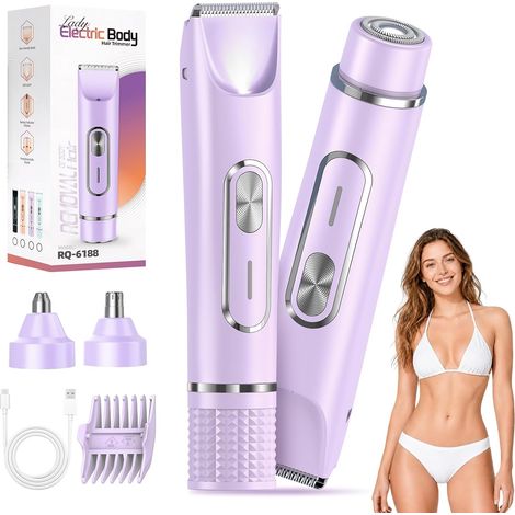 Women's Electric Razor for Bikini, 4-in-1 Double Head Epilator Epilator for Intimate, Face, Eyebrow, Nose, Armpits, Legs, Body, Rechargeable, IPX7 Waterproof, Purple (1/5)