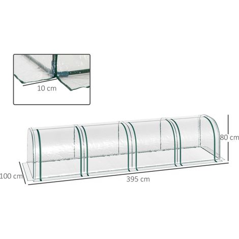 Serre tunnel, 4 fenêtres à fermeture éclair, structure en acier, bâche robuste et transparente, 395 x 100 x 80 cm
