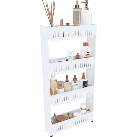 Carrellino con 4 Ripiani Salvaspazio Scaffale Portaoggetti Per Cucina Soggiorno Bagno Portaoggetti Con Rotelle 54 x 12,5 x 72 cm Colore Bianco (1/5)