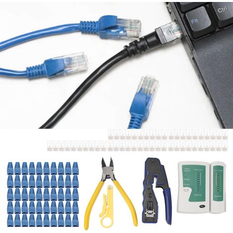 Testeur de câbles réseau/téléphoniques, pince à sertir RJ45, kit de sertissage modulaire CAT6 droit (50 pièces), connecteur CAT6 droit (50 pièces), mini-pince à dénuder pour câbles RJ45 gainés, pince (1/5)