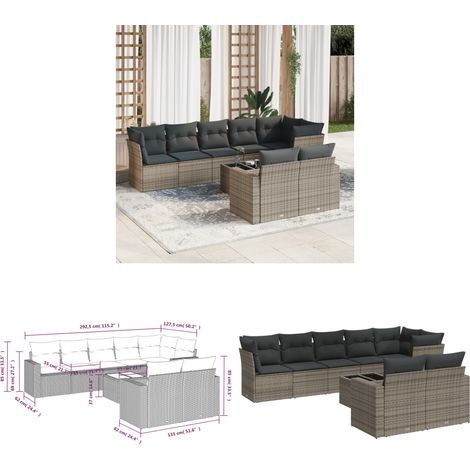 Salon de jardin 9 pcs avec coussins gris résine tressée - Ensemble Salon De Jardin - Meuble De Jardin - Salon D'extérieur - Résine Tressée - Rotin Synthétique - Home & Living (1/3)