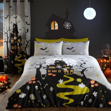 Housse de Couette Maison Hantée Halloween Taille Lit Double 200 x 200cm Housse Lumineuse Manoir Hanté Décoration Halloween Rideaux Assortis Disponibles Gris (1/5)