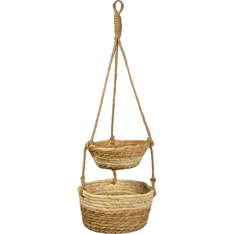Caspo Pensili Doppi in Corda di Cotone Beige Porta Piante Sospeso h70 cm