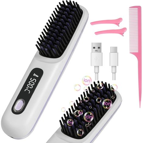 Brosse Lissante Pour Cheveux, Lisseur Cheveux Sans Fil Portable Mini Lisseur Cheveux Brosse avec ÉCran 3 Température Réglable Chauffant Peigne à Cheveux Lonique pour Voyage et Domicile,Blanc (1/5)