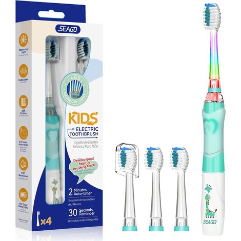 Brosse à dents électrique, pour enfants de 3 à 12 ans, avec lumière colorée, minuteur intelligent, 3 têtes de brosse souples, étanche, pour bébés filles garçons, vert (1/5)