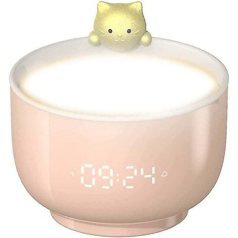 Ce réveil pour filles a la forme d'un chat et est doté d'un capteur tactile, d'une veilleuse LED, d'une fonction snooze, d'un chargement USB et peut être personnalisé (rose). (1/4)