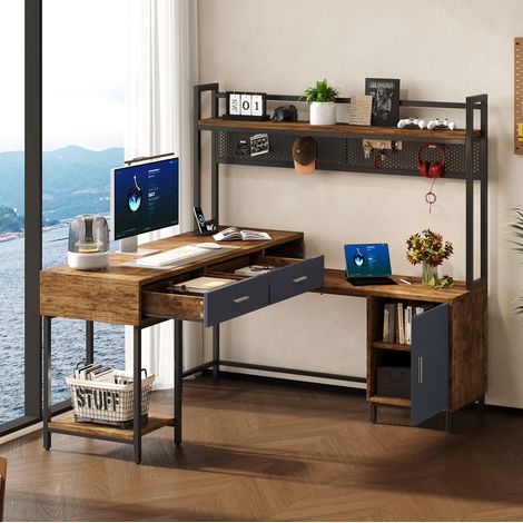 Scrivania ad angolo industriale 140 x 140 x 135 cm in MDF e metallo, nero e legno HAVRYA (1/5)