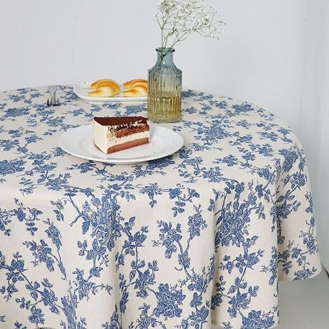 Nappe Pastorale Fleurie Bleu en Lin de Coton Nappe Style Fermier d'intérieur et d'extérieur de 140140cm Ronde pour Les fêtes, Les Pique-niques et d'usage Quotidien (1/4)