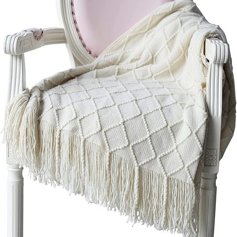 Couverture douce en laine tricotée, à pompons, douce et moelleuse, idéale pour le canapé, pour dormir, beige, 130 x 230 cm (1/5)