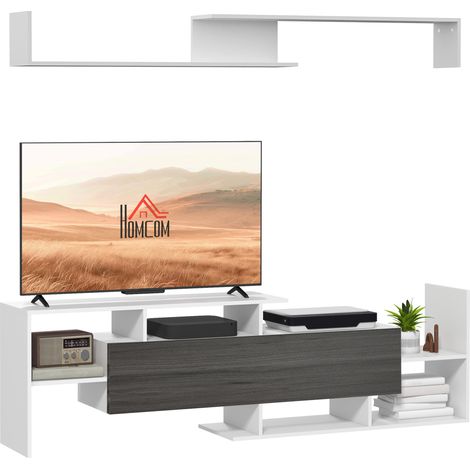 Stylish TV Cabinet with Wall Shelf for 65" Mounted or 40" Standing TVs in White and Grey Finish