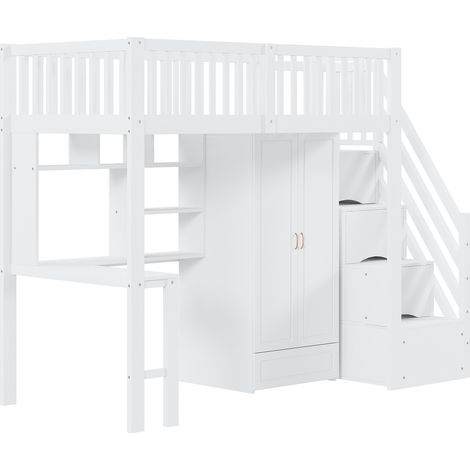 Letto a soppalco 90 x 200 cm bianco con armadio, scrivania, ripiano e scala contenitore (1/5)