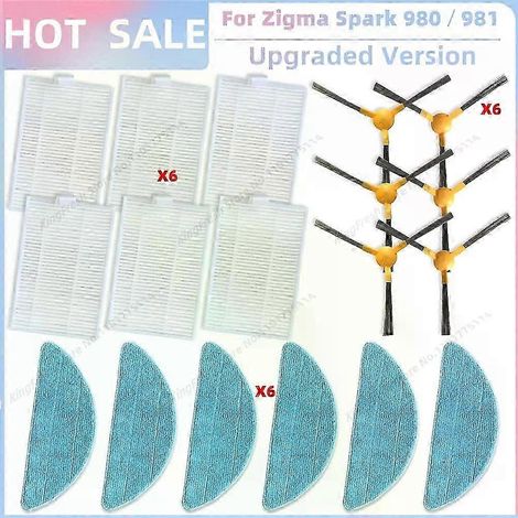 Pièces de rechange compatibles avec l'aspirateur Zigma Spark 980/981 : brosse latérale, filtre HEPA principal et chiffon de nettoyage. (1/4)