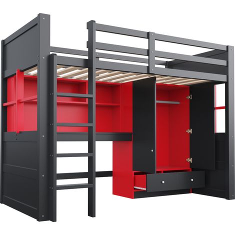 Hochbett 90 x 200 cm mit Treppe, Schreibtisch, Schrank und Schubladen, schwarz/rot (1/5)