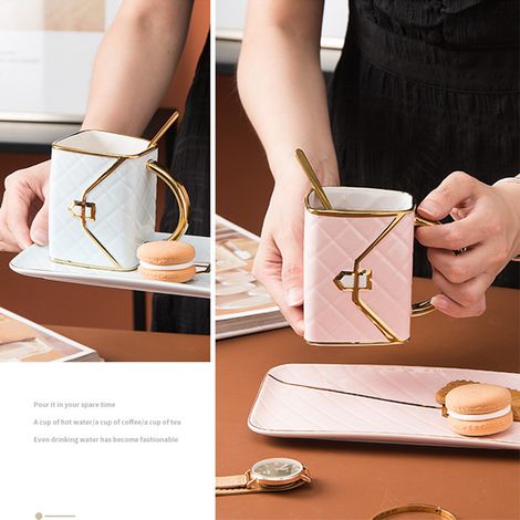 Tasse Céramique Blanche Élégante en Forme de Sac à Main 310ML avec Soucoupe et Cuillère (1/5)