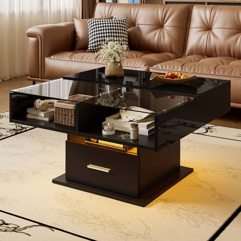Table basse relevable avec led en design moderne, hauteur réglable et rangements intégrés – idéale salonbureau (1/5)