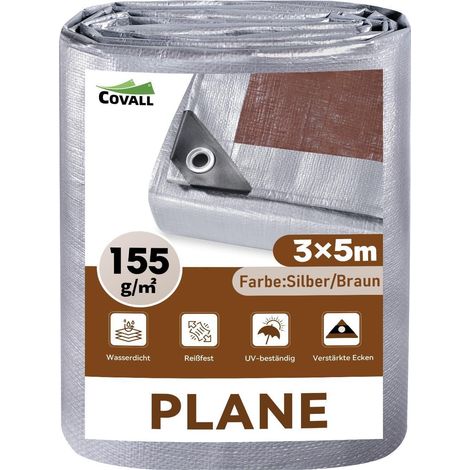 Abdeckplane 3x5m 155g/m² Wasserdicht UV-beständig Silber/Braun mit Ösen (1/2)