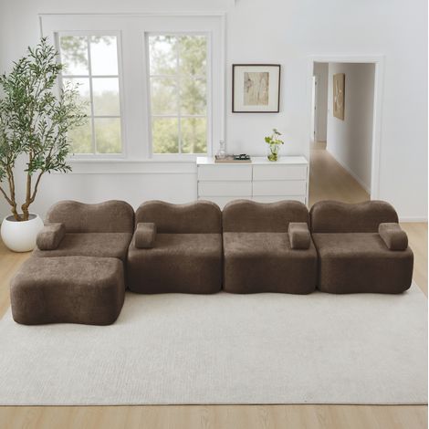 FloraGrace Canapé modulaire 4 places en velours brun, assise ondulée, dossier souple, ottoman (1/5)