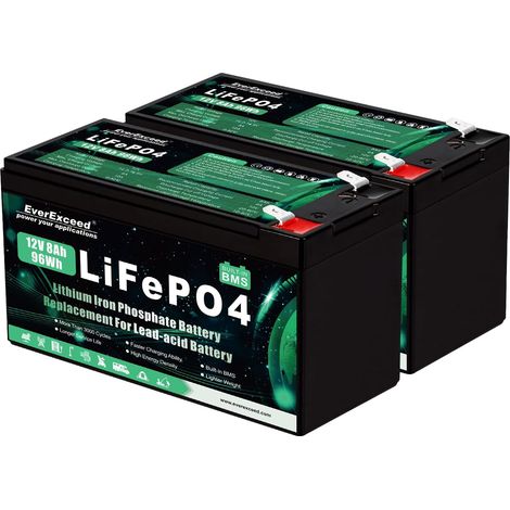 Batterie Lifepo4 12V 8Ah Batterie lithium 12V à plus de 3 000 cycles profonds pour énergie solaire/éolienne, éclairage, sondeurs de pêche, Power Wheels et plus encore, BMS 10A intégré, 2 Pack (1/5)