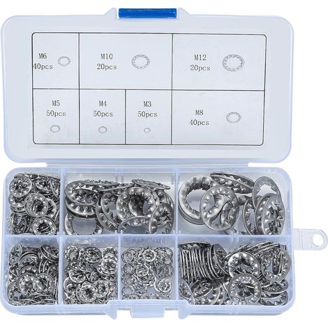 Kit Assortiment Rondelles Dentées Internes et Rondelles de Blocage Acier Inox - M3 à M12, 270 Pièces (1/5)