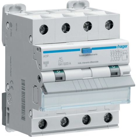 Magnetotermico Differenziale Hager 4P 10A 6kA 30mA curva C Tipo AC 4M ADP460H