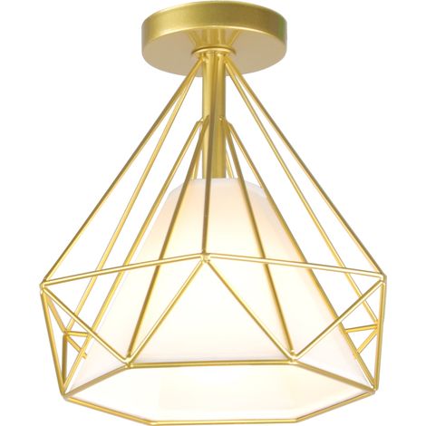 E27 Plafonnier Moderne Lampe de Plafond Abat-jour Diamant en Métal Tissu Suspension Luminaire Créatif Ø25CM Doré - 1Pcs