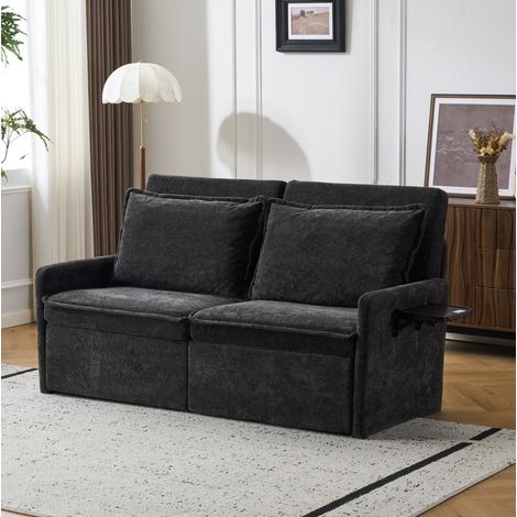 Sofá cama 2 plazas 3 en 1 con respaldo ajustable en 5 posiciones, chenilla negra HAVRYA (1/5)