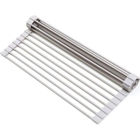 Égouttoir à vaisselle enroulable au-dessus de l'évier, J.CREATER Égouttoir à vaisselle pliant polyvalent Support de tapis pour égouttoir à nourriture - Type en acier inoxydable (1/5)