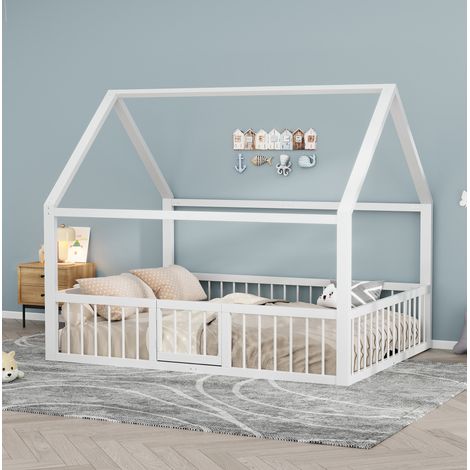 Letto per bambini in metallo stile casetta bianco 140x200 cm con sponde di sicurezza e testiera aperta (1/5)