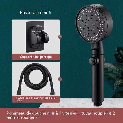 Pommeau de douche à effet pluie Ensemble de douche à main haute pression 6 jets (flexible de 2 m + support), noir, adapté à la salle de bain