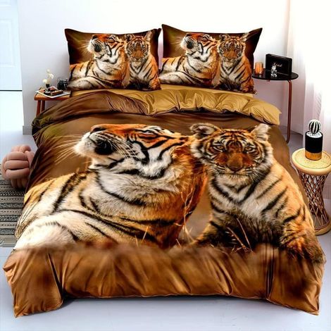 Bettwäsche-Set 155x220cm mit 2 Kissenbezügen 80x80cm, Tiger Motiv, Mikrofaser, 3D-Druck