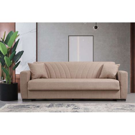 Divano Letto 3 Posti in Tessuto Beige Chiaro 210x75x80 cm Apertura Facile - New York Domo Mea