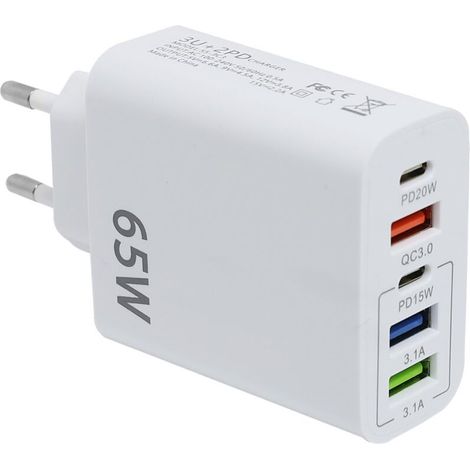 Chargeur USB C Rapide, 65W 5-Port Prise USB Multiple, Chargeur Rapide QC3.0 Multi Adaptateur pour i-Phone 14/13/12/11/XS/X, SAMS-ung Galaxy S23 S22 S21-DOU