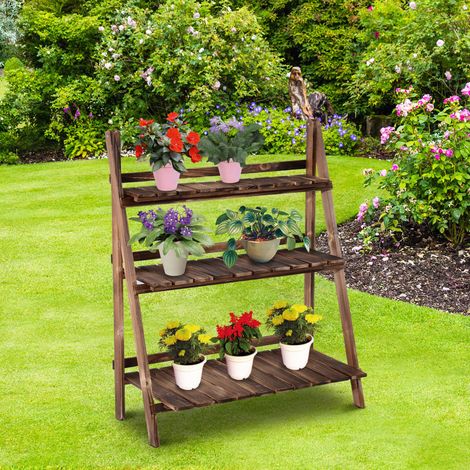Support pliable pour plantes, porte-pots en bois de sapin, étagère extérieure à 3 niveaux, 80 x 37 x 93 cm