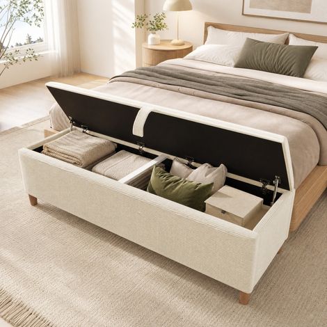 Bett 160x200 mit Matratze, LED-Kopfteil, Stauraum und Sitzbank, helle Eiche/Beige HAVRYA (1/5)