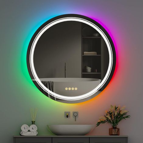 RGB LED Badspiegel Rund 60 x 60cm - Badezimmerspiegel mit 4 Touch-Schalter - Wandspiegel beschlagfrei - dimmer Lichtspiegel 3500-6500K (1/5)