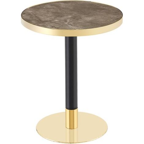 Table design moderne rond plateau effet marbre bord doré piètement métal stable finition noir et or usage polyvalent (1/5)