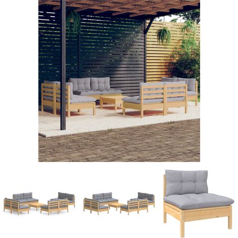 The Living Store - 9-tlg. Garten-Lounge-Set mit Grauen Kissen Kiefernholz (1/5)