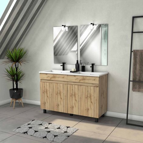 meuble salle de bains 120cm 4 portes chêne naturel + vasque blanche et miroirs avec appliques led (1/4)