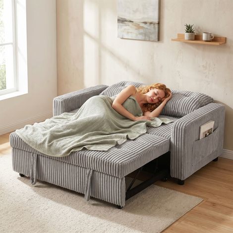 Canapé convertible 2 places, tissu velours côtelé, transformable en canapé-lit, 2 coussins, poches latérales, 157 x 190 cm, gris clair (1/5)