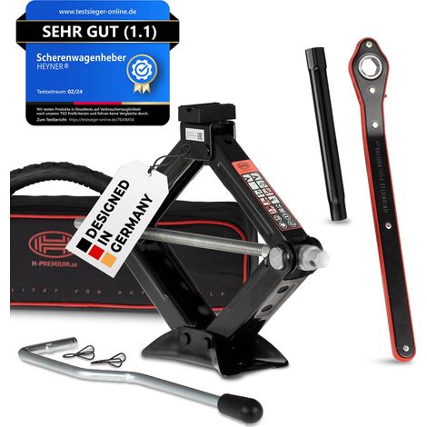 HEYNER® Scherenwagenheber 2t Wagenheber inkl. Tasche, 17mm Ratsche, Kurbel und Gummiauflage, Hubhöhe: 98–442mm Scherenheber Bordwerkzeug Autoheber, TÜV & GS