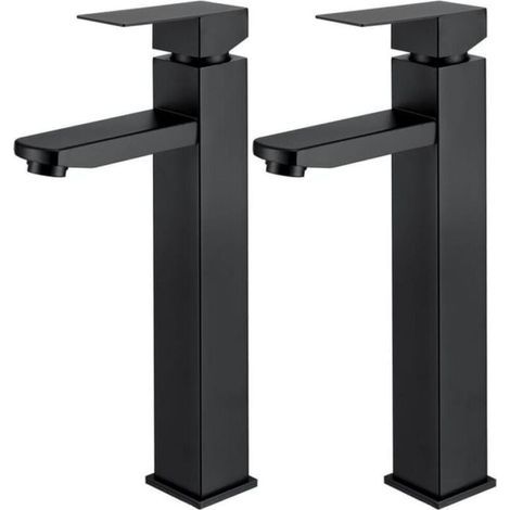 2X Robinet Salle Bain Noir Robinet de Lavabo Haut Mitigeur lavabo avec Poignée Carrée Robinetterie Lave Mains acier inoxydable (1/4)