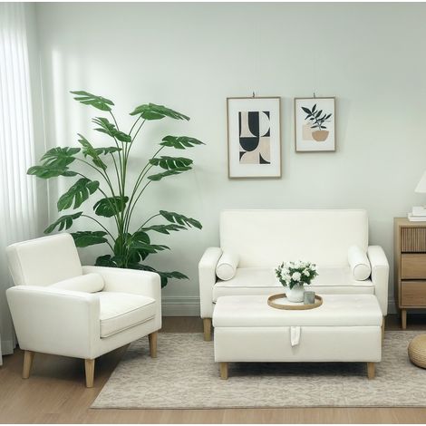 Pouf coffre 115x50x43 cm ivoire avec rangement, assise rembourrée en polyester, MEUBLIV (1/5)