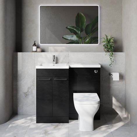 Napoli 390 Nero Oak 1000mm 2 Door Vanity Unit Toilet Suite with Left Hand Square Lucia Basin - 1000mm - Chrome 160mm HandleWith Kingston Toilet Pan and Seat