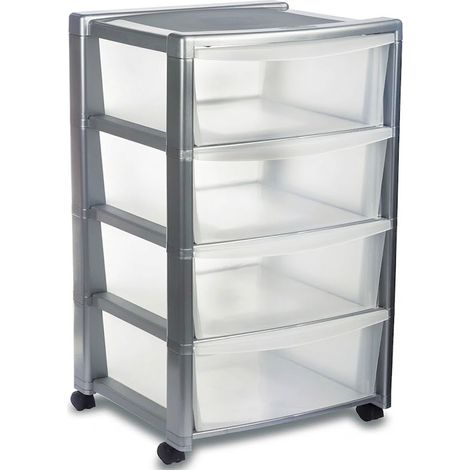 Cassettiera in Plastica 4 Cassetti Semitrasparenti con Ruote, Mobiletto Salvaspazio Organizzatore Made in Italy, Telaio Grigio 40x40x H80 cm, Ideale per Bagno Ufficio e Casa (1/5)
