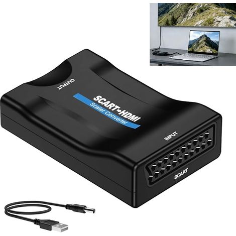 Convertitore da SCART a HDMI 1080p, adattatore da SCART a HDMI per TV, convertitore SCART per monitor e proiettore HD, uscita HDMI 720p e 1080p, compatibile con VHS, DVD, decoder e console. (1/5)