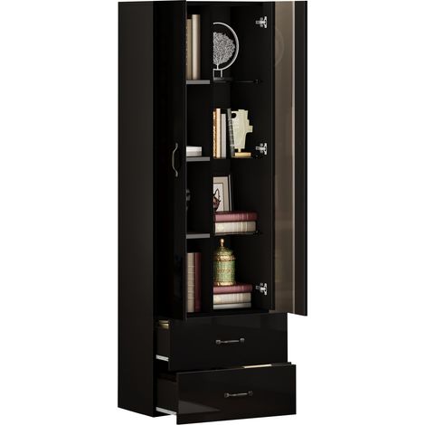 Armadio Vetrina 59,5x35x182,5 cm, Salvaspazio con USB LED e Cassetti, Ripiani Regolabili in Legno Nero, per Casa (1/5)